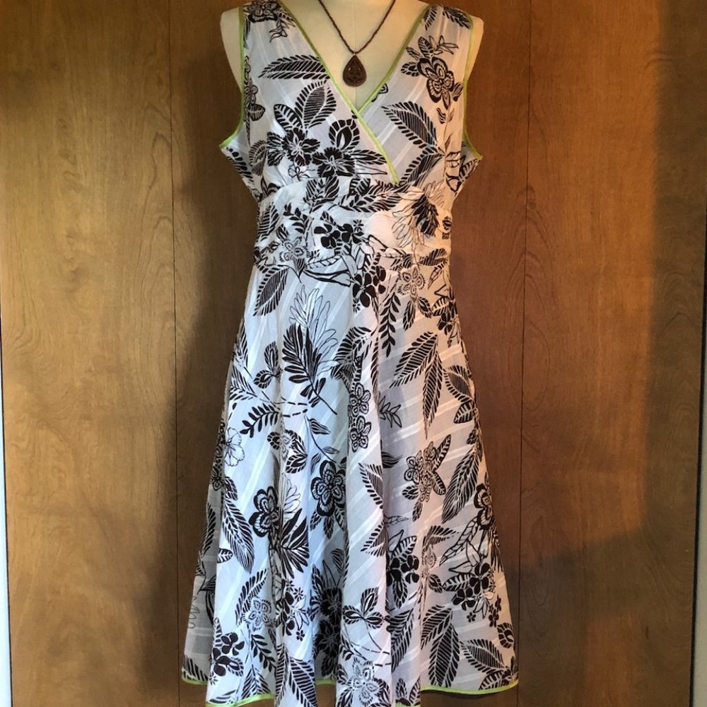 Cato White With Brown Flowers & Neon Green Trim, Cotton Shell, Sun Dress